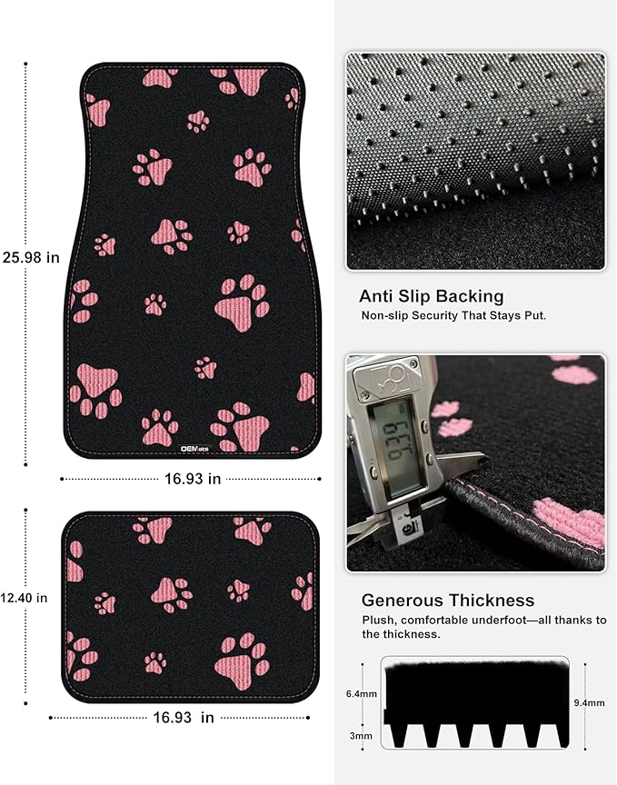 Cute Embroidered Dog Paw Car Floor Mats for Pet Lovers, Universal Fit All Weather Car Mats with Anti-Slip Nibbs Backing, Carpet Floor Mats for Cars, Trucks & Sedans, Full Set of 4 (Pink Paw)