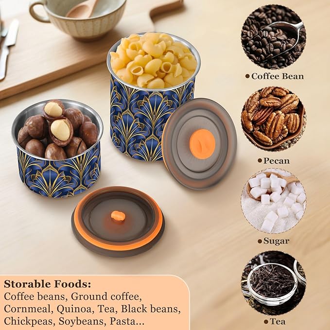 ALAZA Royal Blue & Golden Art Deco Floral Airtight Coffee Bean Canister 900ml Food Storage Containers with Lids For Gournd, Tea, Sugar, Flour, Rice, Cereal, Candy Cookie Jar
