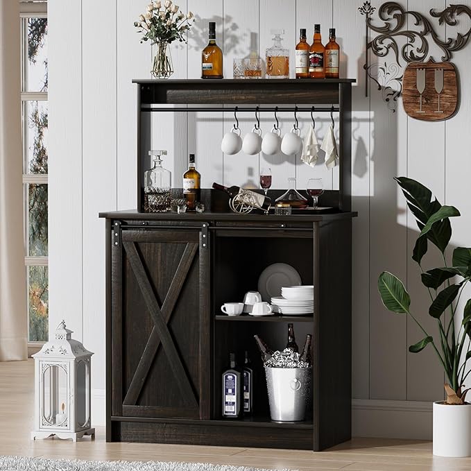 4ever2buy Farmhouse Coffee Bar Cabinet with Hutch, 50 Inch Coffee Bar Hutch with Sliding Barn Door & 6 Hooks for Living Dining Room, Dark Oak | Sliding Barn Door, 6 Hooks