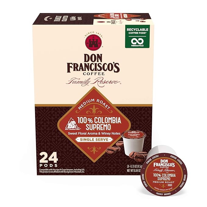 Don Francisco's 100% Colombia Supremo Coffee Pods, 24 Count, Medium Roast, Compatible with Keurig Brewers