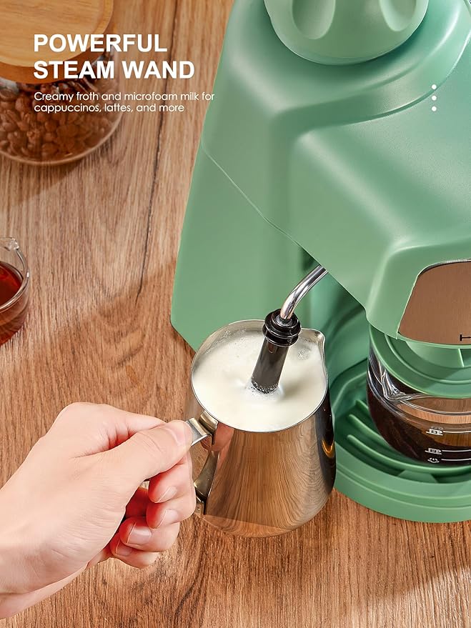 Espresso Machine, 3.5Bar Espresso and Cappuccino Machine with Preheating Function, 4 Cup Coffee Maker with Milk Frothing Function and Steam Wand (Green), CM6810