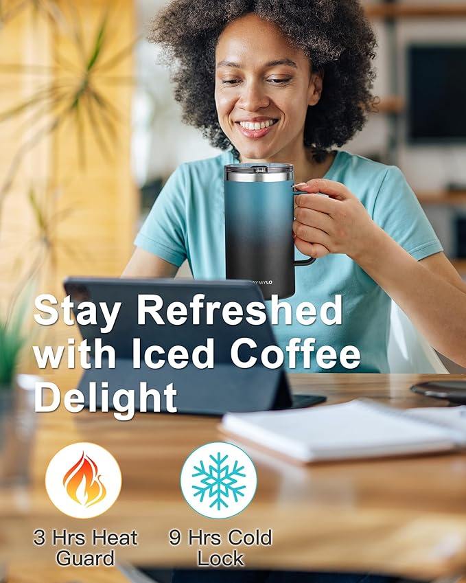 Insulated Coffee Mug 24 oz, Double Wall Stainless Steel Coffee Mug with Lids, Leak-Proof & Detachable Slider Lid for Thorough Clean, Keeps Coffee Cold for 9 Hrs, Suitable for Camp Home Office