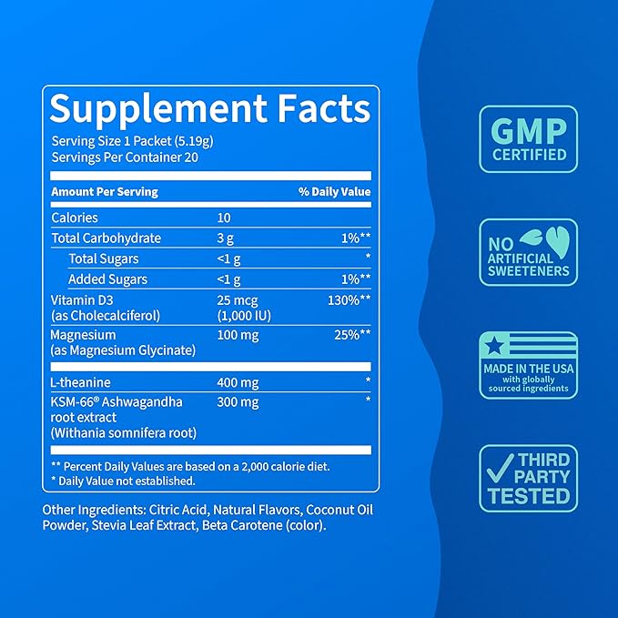 Nello Supercalm Powdered Drink Mix, Cortisol Reducer* and Sleep Aid Supplement, L Theanine, Ksm-66 Ashwagandha, Magnesium Glycinate, Vitamin D 3, No Sugar, Non GMO, On The Go, 20 Ct, Pina Colada