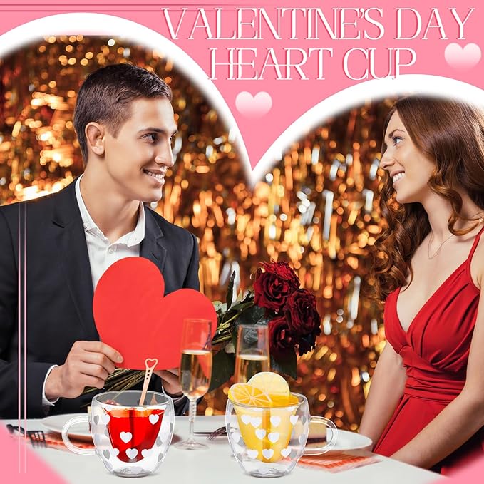 4 Pcs 24oz Valentine's Day Heart Shaped Mug Gift Heart Double Wall Insulated Glass Coffee Mug Cup with Handle Spoon Clear Tea Cups for Wedding Woman Birthday Girlfriend Gift
