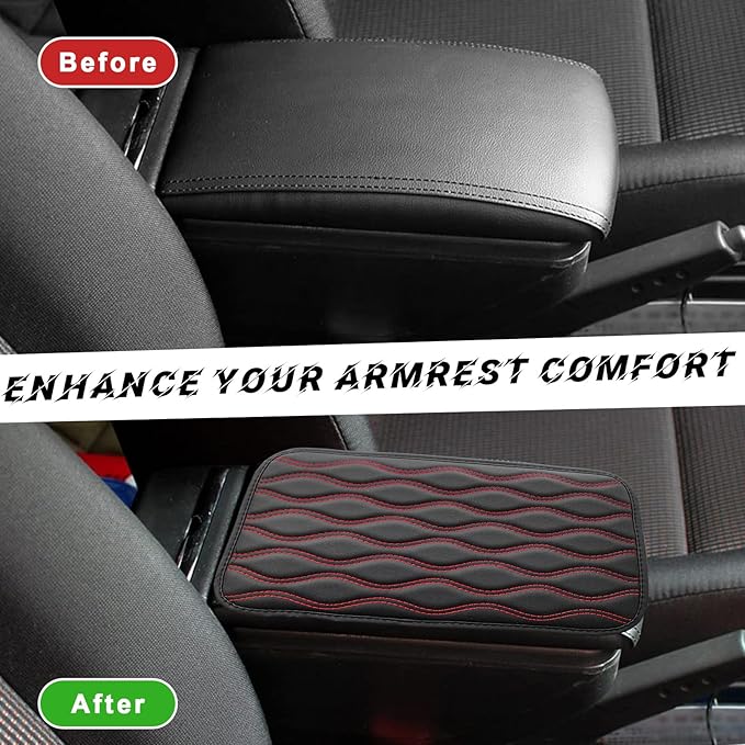 Car Center Console Pad, Waterproof PU Leather Auto Armrest Box Cover, Comfortable Vehicle Arm Rest Protector Cushion Pad for Car SUV, Universal Car Accessories (Black+Red)
