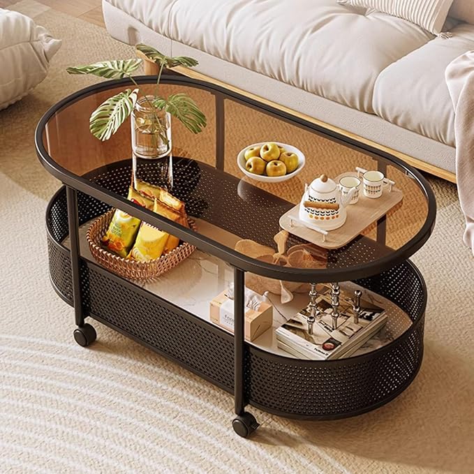 Side Table Glass Top Movable End Table Coffee Station Table, Metal Coffee Bar Stand Cart with Storage Coffee Table on Wheels,for Home Kitchen, Entryway, Living Room,Dining Room(Black,120cm)