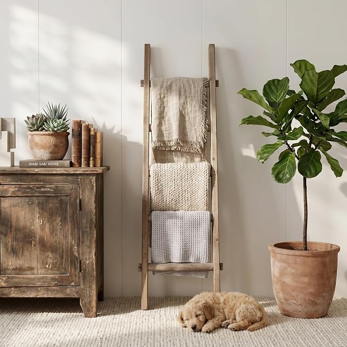 Blanket Ladder Pre Assembled 76in Wooden Ladder Shelf Living Room Bathroom Bedroom Decorative Wall Leaning Farmhouse Quilt Display Holder Rustic Towel Rack (Brown, 57in（5-Tier）)