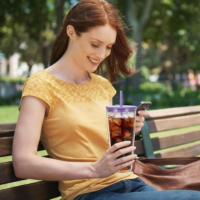 24oz Tumbler with Lid and Straw, Leak Proof and Double Wall Insulated Reusable Plastic Cups,Travel Reusable Iced Coffee Cup (2, Purple)