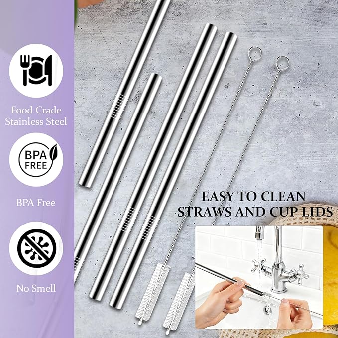 Metal Replacement Straws for Owala Water Bottle 24 oz 32 oz,with 2 Cleaning Brush,Reusable Stainless Steel Straw Accessories-4Pcs