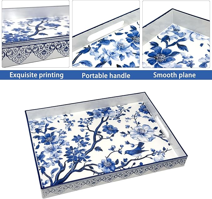 Serving Tray with Handles, 15.7 * 11.8 inches, Plastic Ottoman Tray with Exquisite Paintings, Trays for Coffee Table
