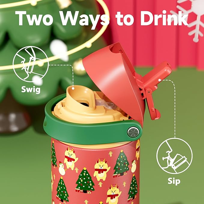 24 oz Christmas Insulated Water Bottle: Meoky Stainless Steel Water Bottle with Straw and Spout Lid - Leak Proof, Cold for 24 Hours, Fits in Car Cup Holder, BPA-Free for Women Men, Santa Deer