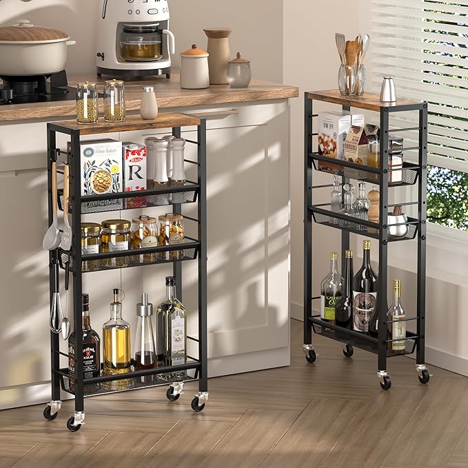 Narrow Storage Cart with Wheels,4-Tier Narrow Kitchen Carts Slim Rolling Cart,Skinny Storage Cart for Small Spaces,Rolling Utility Cart for Livingroom,Diningroom,Office,Laundry Room,Bathroom