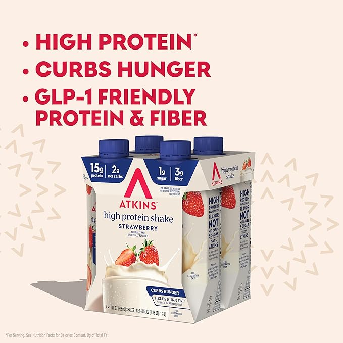 Atkins Strawberry Flavored Protein Shake,High Protein,Low Glycemic,Low Sugar and-Low Carb,Keto Friendly,Gluten Free,(Pack of 24)