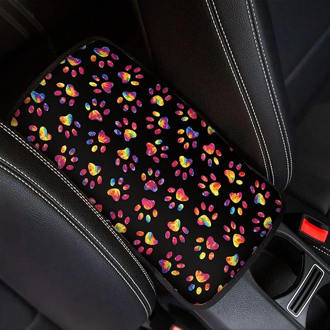 Tie Dye Dog Paws Print Car Console Covers,Non-Slip and Comfortable Armrest Cover for Cars,Paw Print Car Accessories