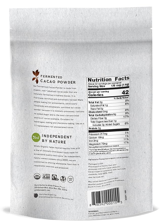 Wildly Organic Fermented Cacao Powder 16 Oz, 1 lb Bag - Organic, Non-Alkalized, Minimally Processed, High in Antioxidants, Raw, Fair Trade, Non-GMO, Kosher, Vegan, Premium Rich Chocolate Flavor - Perfect for Skin, Hair, Smoothies, Yogurt, Oatmeal, Baki...