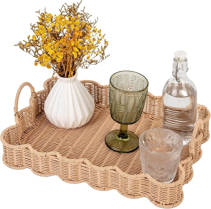 GRANNY SAYS Scalloped Edge Rectangle Wicker Serving Tray, Coffee Table Tray, Serving Trays with Handles, Decorative Tray for Entryway, Coffee Table, Woven Tray for Serving, 15 ¾"×11 ½"×2 ¼"