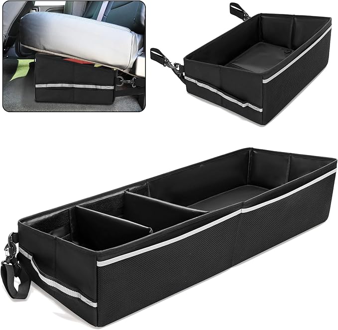 Trunk Under Seat Storage Fit for Super Crew, Tool Organizer Box Under Rear Seat for Three Seats with Removable Bottom Boards, Side Handles and Hook Snap Fix Straps, Black