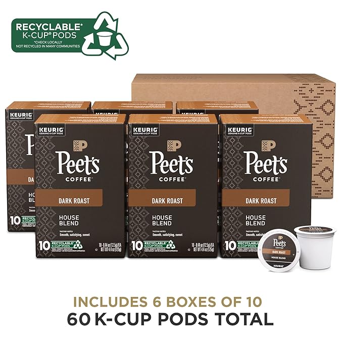 Peet's Coffee, Dark Roast Keurig K-Cup Pods, 100% Arabica Coffee - House Blend 60 Count (6 Boxes of 10 K-Cup Pods)