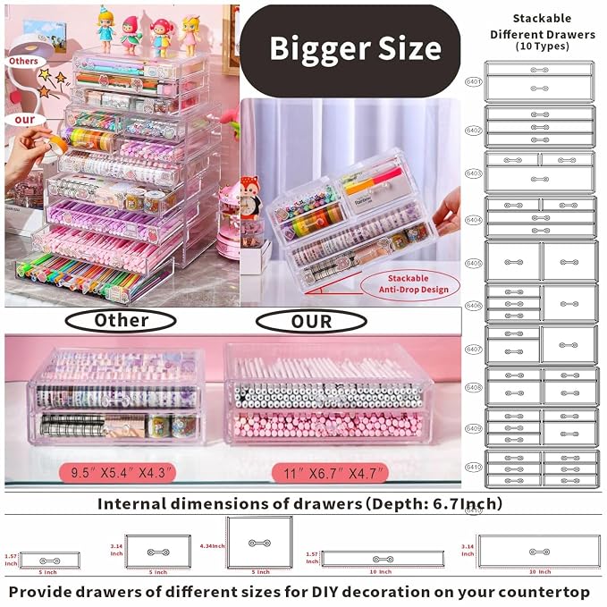 Cq acrylic 1 Pack Clear Desk Organizer With Drawers,Stackable 5 Drawers Skincare Organizer,Cute Skin Care Organizers for Vanity Hair Clip,Jewelry,Beauty Product Desk and Makeup Organizers Countertop