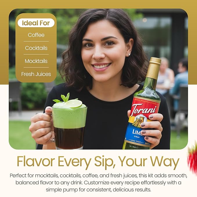 Jimoco Barista Set – Torani Lime, Strawberry & Blue Raspberry Syrups (25.4 oz Each) with 3 Jimoco Syrup Pumps, Reusable Cups, Straws & Stirrers – Coffee, Italian Soda & Cocktail Flavoring Kit