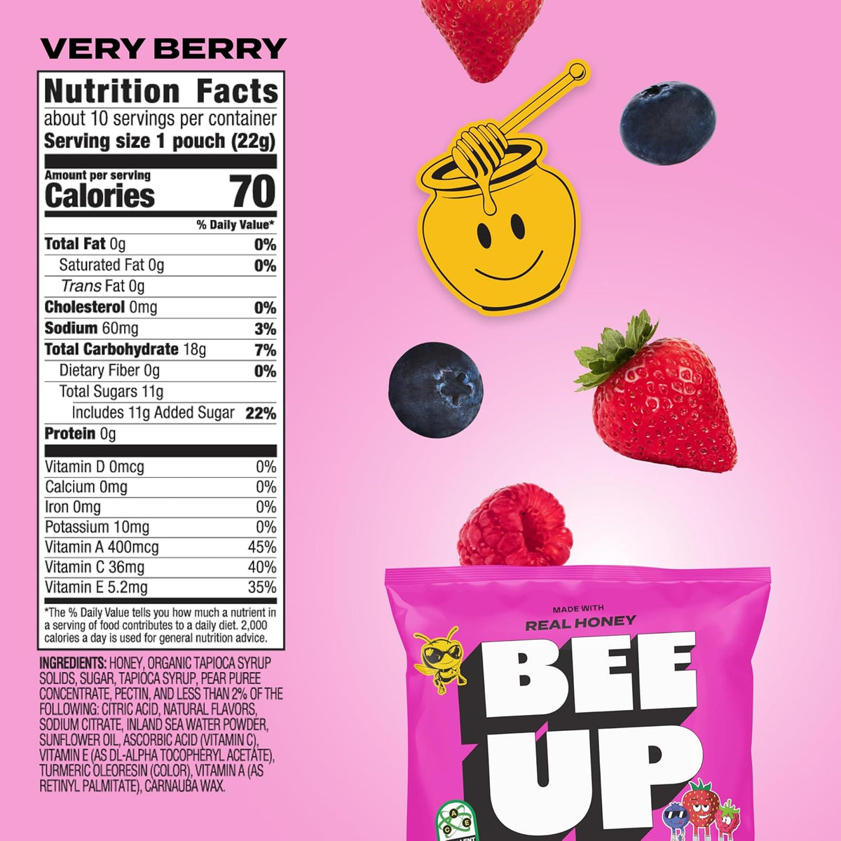 BEEUP Honey Fruit Snacks – With a Teaspoon of Honey in Every Pouch – Dye Free, No Corn Syrup – Individually Wrapped Fruit Snack Packs for School, Sports, Soccer – Very Berry (Pack of 10)