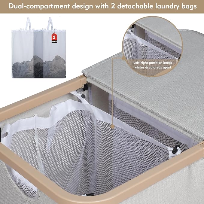 DOKEHOM 160L Extra Large Laundry Hamper with Lid, 2-Section Double Laundry Basket with Removable Mesh Liner Bags, Collapsible Clothes Sorter for Family, Bedroom, Laundry Room, Light Grey