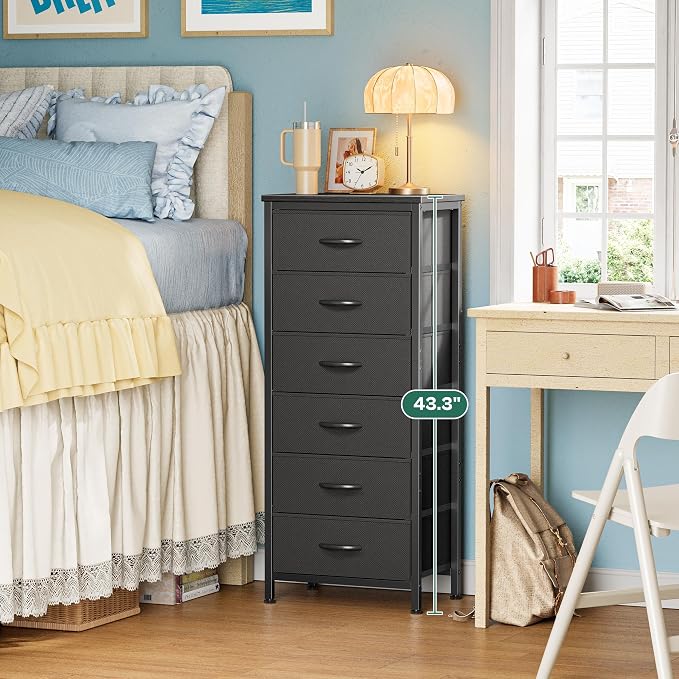 Huuger Tall Dresser for Bedroom, Stable 6 Drawer Dresser with Anti-Tip Device, PU Leather & Fabric Drawers, Tall Nightstand for Closet, Nursery, Storage Tower for College Dorm High Beds, Black