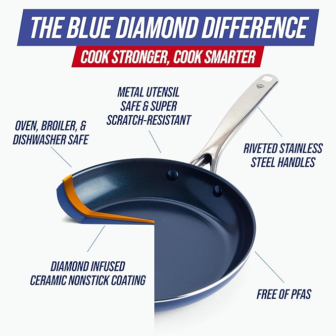 Blue Diamond 10 Piece Nonstick Cookware Set, Diamond Ceramic Pots & Pans, Dishwasher & Metal Utensil Safe, Non Toxic PFAS-Free, Kitchen Cooking Sauce & Saute Pans, Oven & Broiler to 600F, Blue