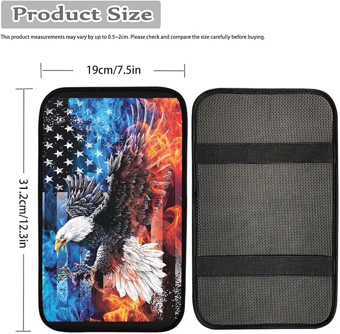 Horeset American Flag Flame Eagle Car Console Covers for SUV Universal Fit Cow Spot Auto Armrest Seat Box Cover Interior Protector, Easy to Install