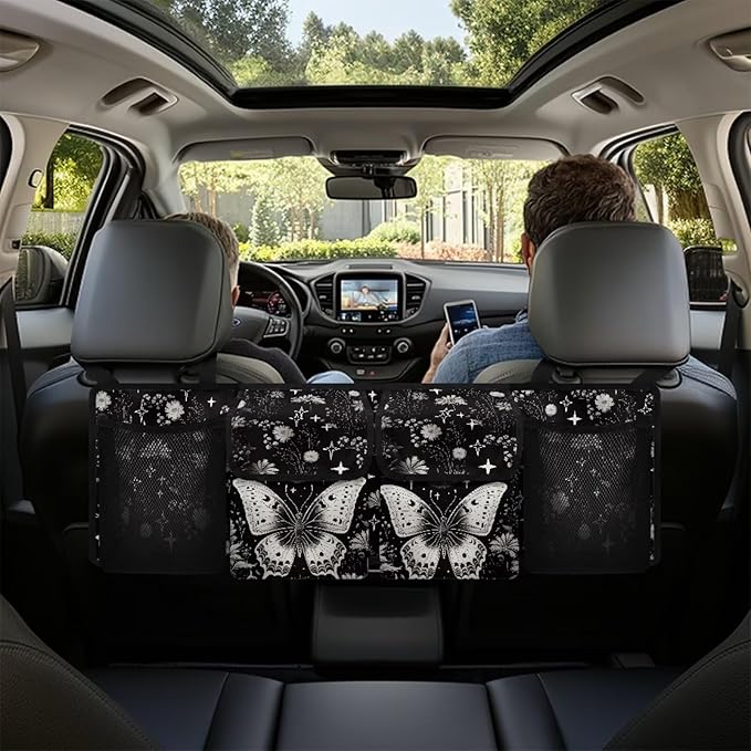 Dreaweet Goth Butterfly Car Trunk Organizer Hanging Back Seat Storage Bag with 4 Pockets,Waterproof Adjustable Large Capacity Collapsible Trunk Organizer for SUV Trucks Sedan