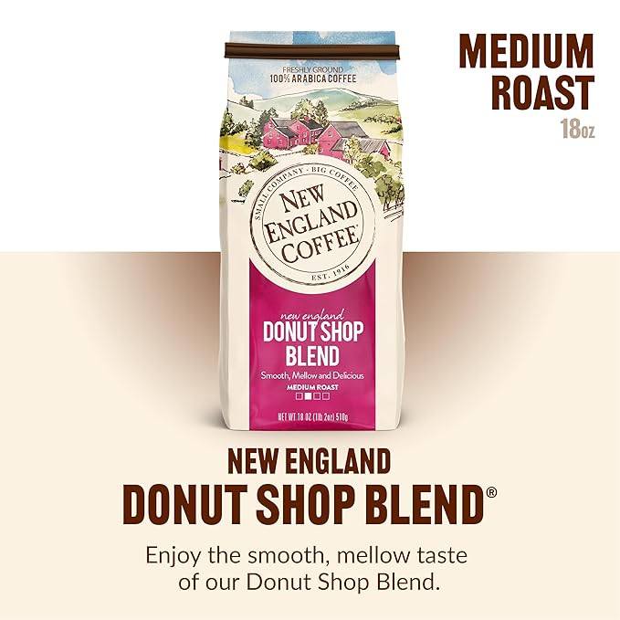 New England Coffee Donut Shop Blend Medium Roast Ground Coffee, 18oz Bag (Pack of 1)