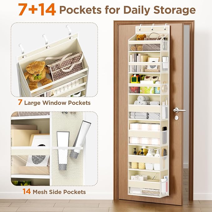 Mefirt Over The Door Organizer, 7 Tier Door Hanging Organizers with 7 Large Pockets 14 Side Pockets, Behind Door Storage Hanging Shelves for Closet Bathroom Bedroom Nursery