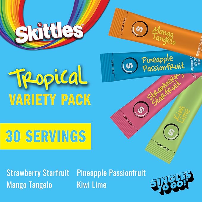 SINGLES TO GO! Skittles Singles To Go Tropical Flavors Variety Pack, Powdered Drink Mix, Strawberry Starfruit, Mango Tangelo, Kiwi Lime, Pineapple Passionfruit, 1 Box (30 Single Servings)
