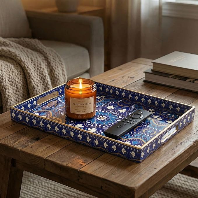Zosenley Decorative Serving Tray with Handles - 15.7" x 11.8" Blue Mandala Pattern Rectangular Plastic Platter - Boho Coffee Table Tray for Ottoman, Breakfast in Bed & Living Room Decor