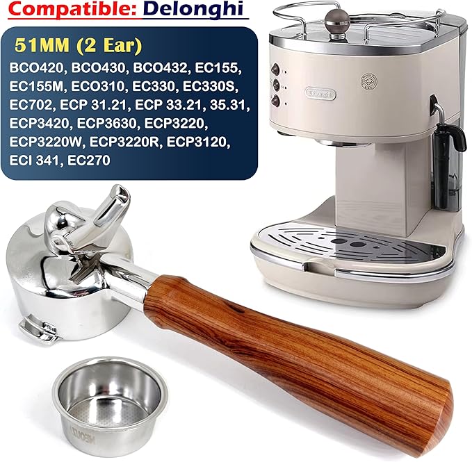 NEOUZA Espresso Portafilter 51mm Compatible with DeLonghi Stilosa ECP31.21 ECP33.21 ECP35.31 Coffee Machine Non-pressurized Basket, Double Spouts (2 Ears)