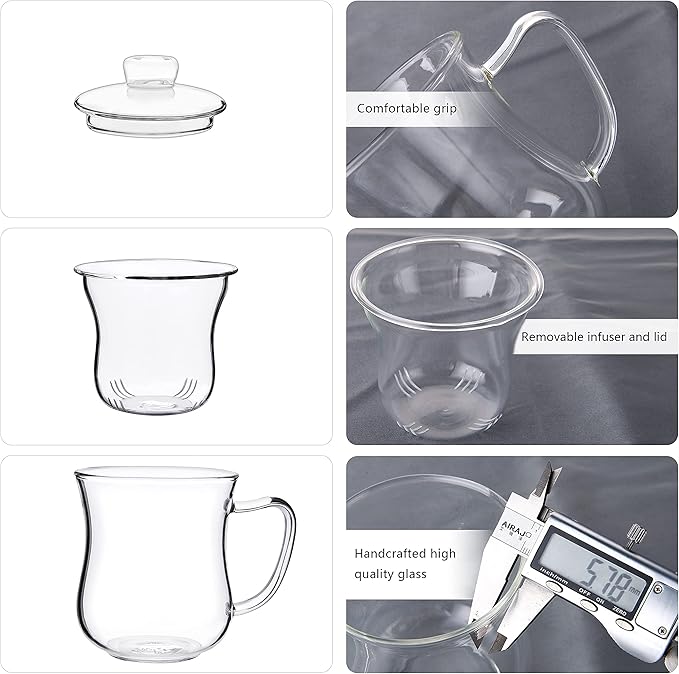 CNGLASS Glass Tea Cup with Removable Infuser and Lid,10oz Thickened Glass Infuser Mug,Borosilicate Glass Mug for Loose Leaf Tea,Teabags