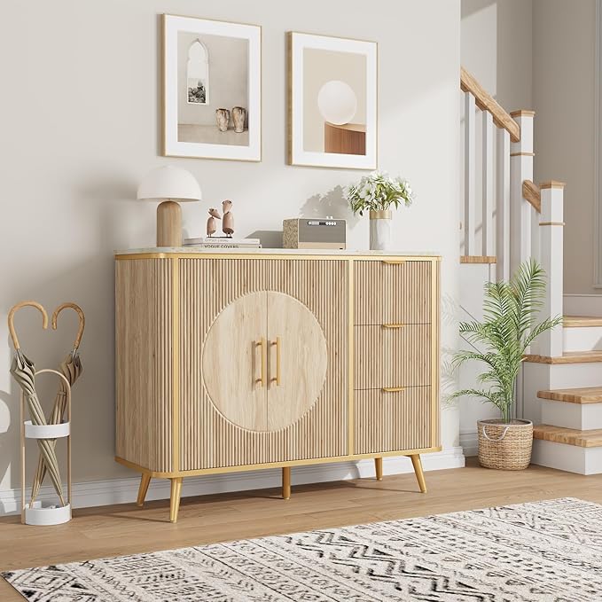 47.3" Modern Buffet Cabinet with Storage, Kitchen Sideboard Buffet with 2 Door & 3 Drawers, Fluted Caffee Bar Storage Cabinet for Dining Room, Living Room, Entryway, Natural Oak
