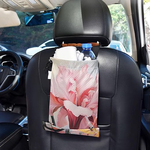ALAZA Hanging Car Trash Bags Garbage Bag Trash Can for Back Seat Small Flower Floral 10 Washable Storage Bag Retractable 2 Pack