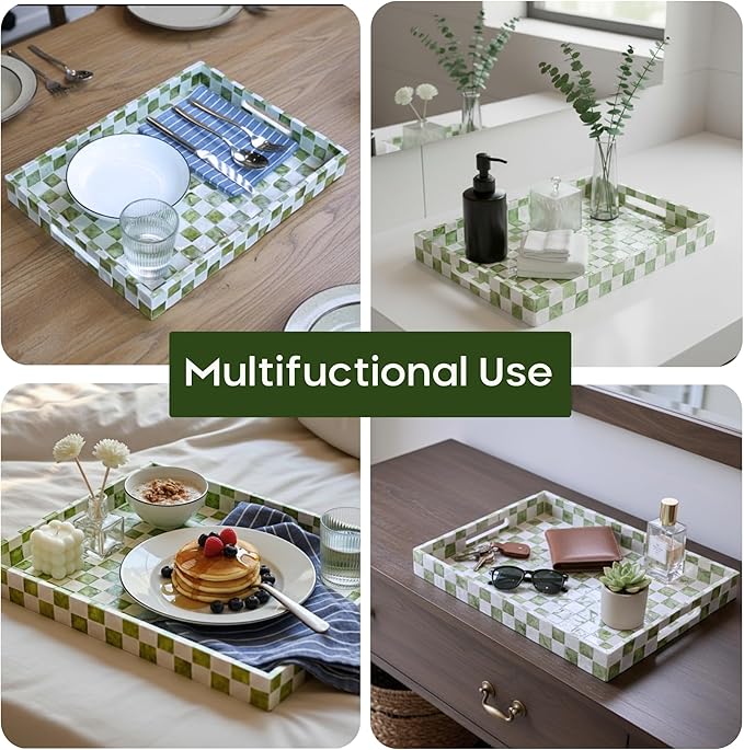 15.8" x 11.8" Decorative Rectangular Tray with Natural Capiz Shells, Checkered Tray with Handles, Serving Tray for Ottoman, Coffee Table, Kitchen Counter Home Decor (Pistachio Green)