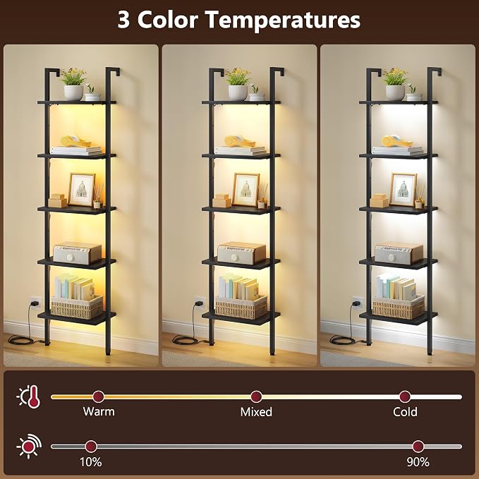 Tajsoon 5 Tier Ladder Shelf with Light, Wooden Wall Mounted Book Shelf, Ladder Bookshelf with Metal Frame, Wall Mounted Ladder Bookshelf for Office, Living Room, Bedroom, Black