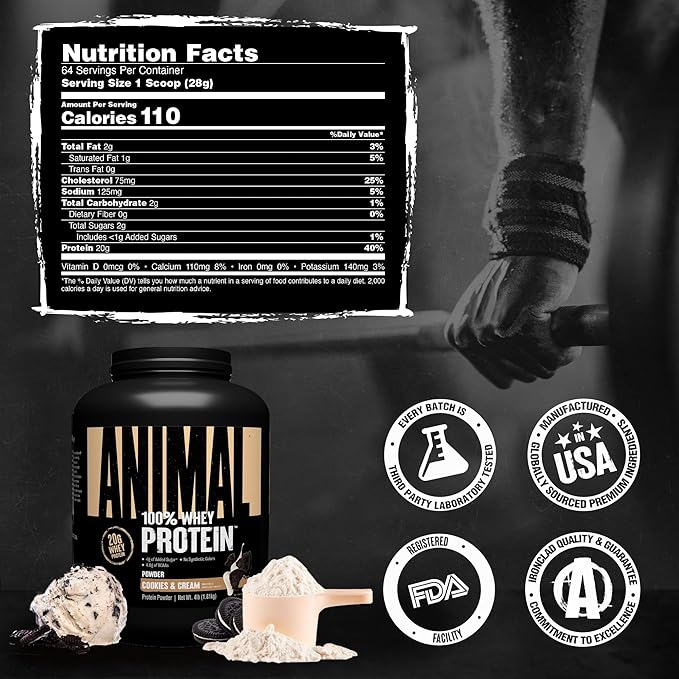 Animal 100% Whey Protein Powder – Whey Blend for Pre Workout or Post Workout, Recovery, Anytime Low Sugar Protein Boost Meal Replacement with BCAA Branched Chain Amino Acids – Cookies & Cream, 4 lb