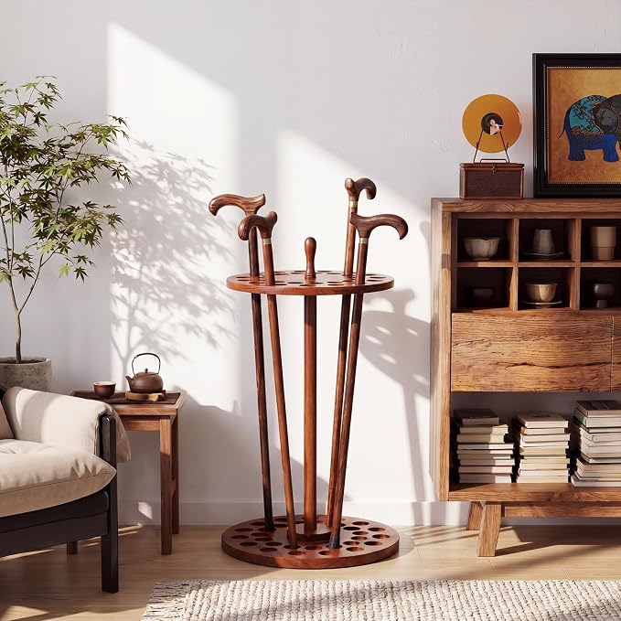 Leinuosen Rustic Wooden Walking Cane Stand Rack for 30 Canes, 27.5 Inch Tall Vintage Display Cane Holder Stand for Walking Sticks, Umbrellas, Antique Brown Home Entrance Decoratiion