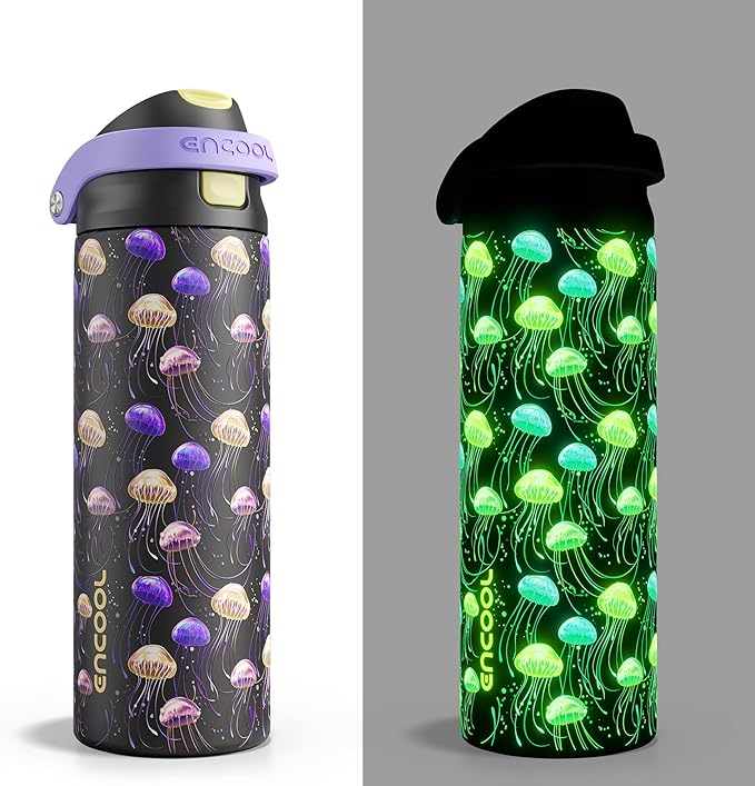 ENCOOL Leakproof Insulated Water Bottle with Straw Dual-Sip Water Bottle Bag-Safe Design for Work, Commute & Gym – Keeps Drinks Cold All Day, 24 oz, Neon Jellyfish