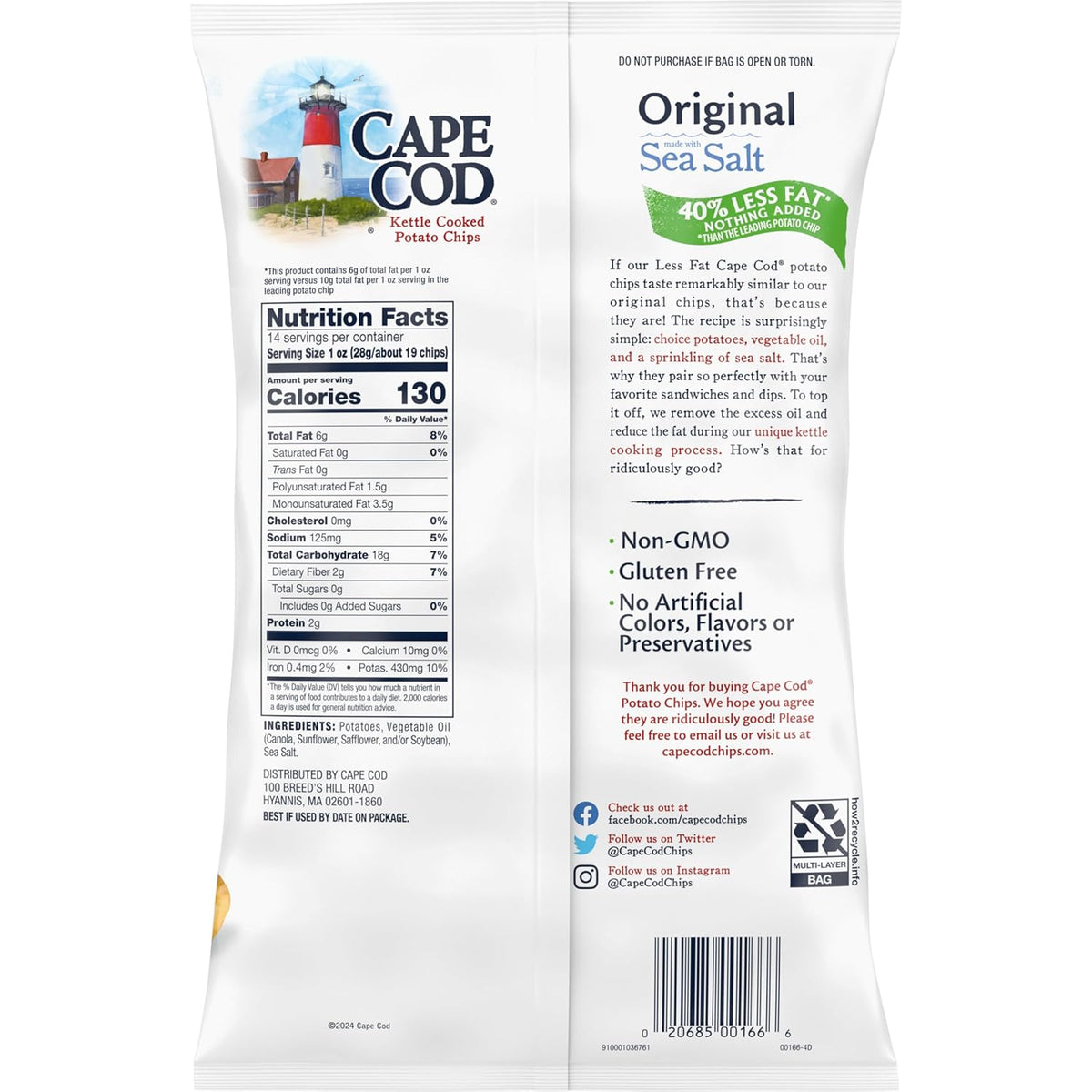 Cape Cod Potato Chips, Less Fat Original Kettle Chips, 14 Oz