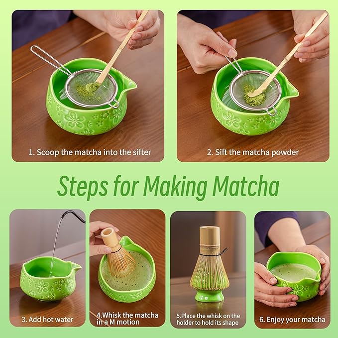 TEANAGOO 7-PCS Green Matcha Whisk Set, Complete Ceremony Start Kit, Ceramic Chawan Bowl with Spout, Whisk & Accessories, Traditional Matcha Tea Set for Lattes& Gift Giving