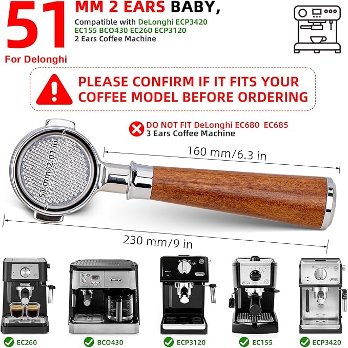 51mm Bottomless Portafilter 2 Ears for Delonghi Stilosa ECP3420/EC155/BCO430/EC260,Stainless Steel Filter Basket and Walnut Handle