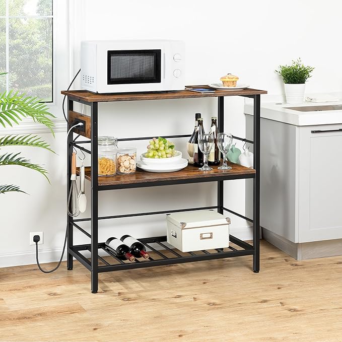 HOOBRO Kitchen Island with Storage, Kitchen Island Table with Power Outlet, 35.4" L 3 Tier Coffee Station and Microwave Stand, for Home, Dining Room, Rustic Brown and Black BF021ZD01