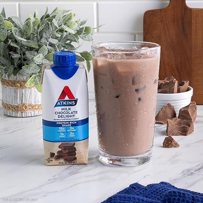 Atkins Milk Chocolate Delight Protein Shake, 15g Protein, Low Glycemic, 2g Net Carb, 1g Sugar, Keto Friendly, 12 Count (Pack of 2)