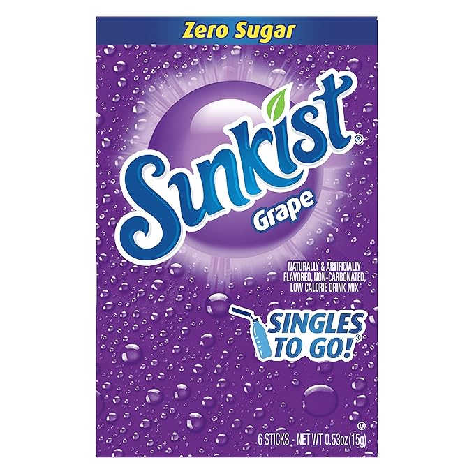 Sunkist Singles-To-Go Drink Mix, Grape, Non-Carbonated, Low-Calorie, Zero Sugar, 6 CT in each box (Pack of 6)
