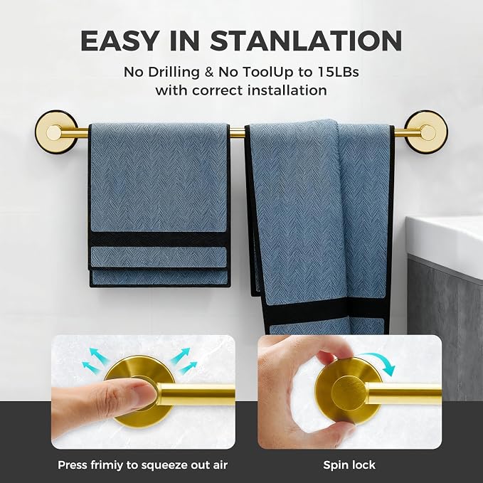 Adjustable Suction Cup Towel Bar for Bathroom Wall,14.6Inch~24 Inch Towel Racks for Bathroom,Stainless Steel Bath Towel Holder for Shower,2 Pack(Brushed Gold)